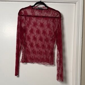 wild fable Burgundy Sheer Lace Long-Sleeve Top